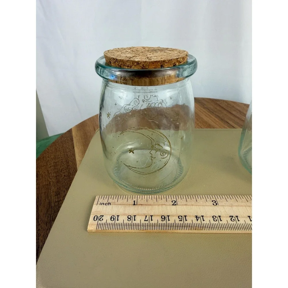 Set of 2 Hand Etched Celestial Glass Jars Cork Lids Sun Moon Apothecary Bottles